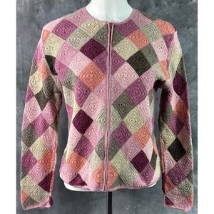 Talbots Multi Colored Crocheted Patchwork Full Zip Cardigan Sweater sz L (15908)
